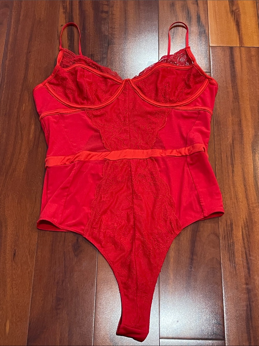 AFRM Red Lace-Trim Satin Bodysuit XL